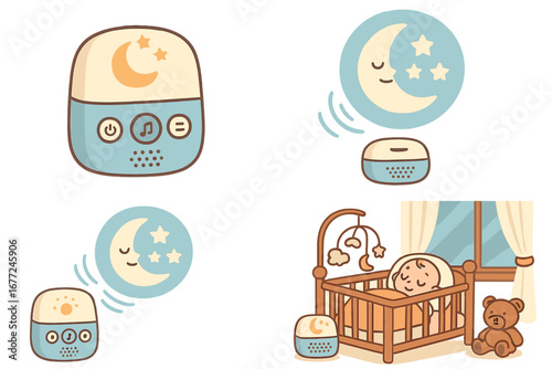 Baby sleep aid set with sound machine and night light projector. Calming nursery scene with infant in crib. Restful night concept with moon and stars. Cartoon vector objects.