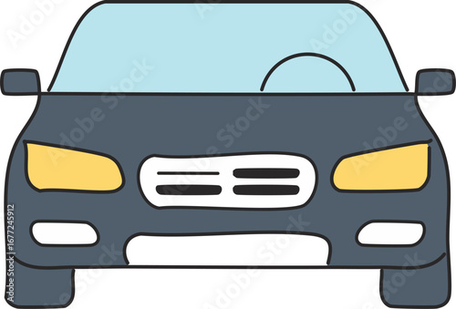 Front view of a modern dark car, a flat vector illustration icon for transportation, automobile service, or driving concept design