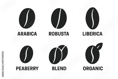 Coffee bean icon set with varieties. Solid glyph vector graphics of arabica, robusta, liberica, peaberry, blend, organic. Isolated caffeine symbols for cafe menu design.