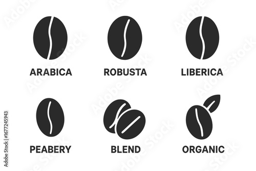 Coffee bean solid icon set. Different types of coffee beans: arabica, robusta, liberica, peaberry. Includes blend and organic symbols. Glyphs for cafe menu or packaging.