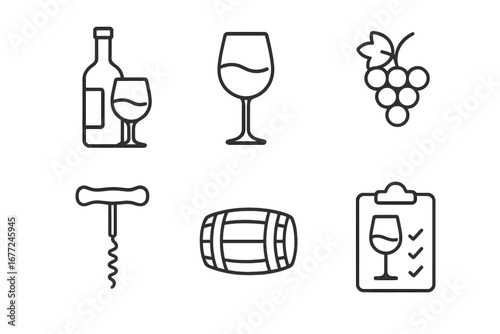 Wine tasting outline icon set, minimalist elegant beverage collection including wine bottle, glass, grapes, corkscrew, barrel, checklist, vector cartoon illustration with transparent background