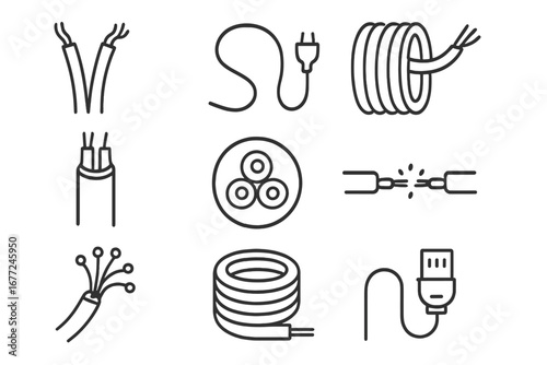 Wire and Cable Line Icon Set, Electrical Connection Symbols, Outline Style Vector Cartoon Illustration, Transparent Background, Organized Electrical Wiring Icons
