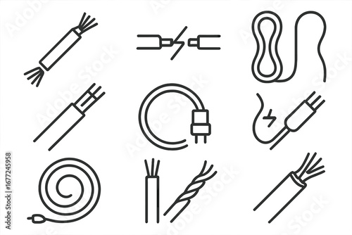 Wire and Cable Line Icon Set with Electrical Connection Symbols in Outline Style, Vector Cartoon Illustration with Transparent Background, Organized Symbol Collection for Electrical Design