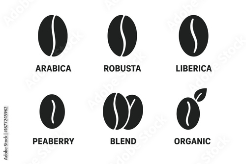 Coffee bean varieties icon set. Solid vector illustration. Types arabica, robusta, liberica, peaberry. Concept for blend, organic coffee. Black symbol for cafe, caffeine.