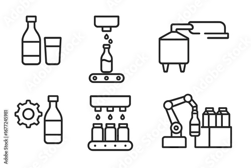 Beverage production and packaging line icon set. Vector symbols for factory automation, bottling plant, conveyor system, filling process, and robotic arm technology for drinks.