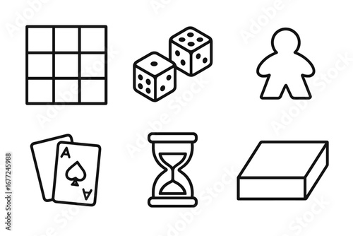 Board game icon set. Outline vector icons for game night fun. Includes game board, dice, meeple pawn, playing cards, hourglass timer, and game box. Hobby & leisure concept.