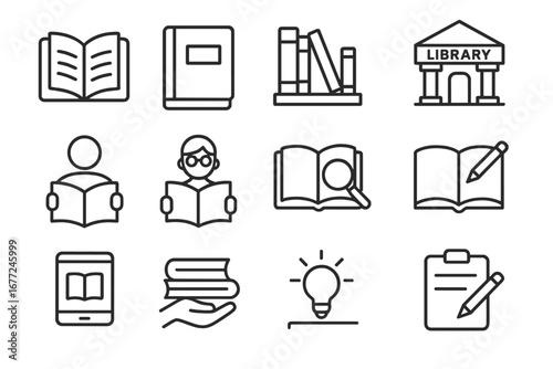 Book and reading outline icons set for education and literature. Library, study, and e-learning symbols. Vector collection of knowledge, research, and writing pictograms.