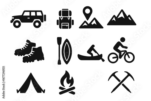 Adventure icons set for outdoor activities and travel. Vector symbols collection of hiking, camping, and exploration gear. Mountain, car, bike, kayak, tent, backpack icons.