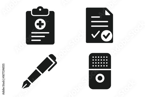 Medical records and patient consent solid glyph icon set. Vector icons of clinical chart, signed document, fountain pen, and voice dictation recorder for health communication.