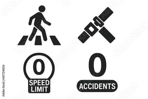 Zero Accidents Safety Icons Set with Pedestrian Crosswalk, Seatbelt, Speed Limit, and Transport Symbols in Solid Vector Cartoon Illustration for Traffic and Road Safety Awareness