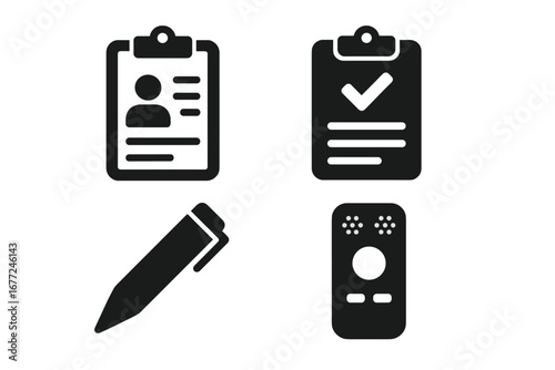 Medical records and communication solid glyph icon set. Patient chart, history, consent form with checkmark, pen for signature, and voice recorder for dictation vector.
