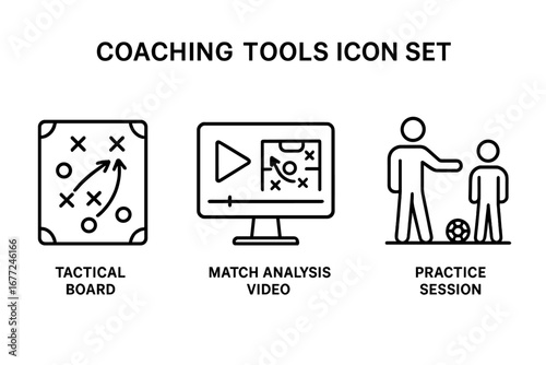 Coaching tools icon set. Line icons for sports strategy. Tactical board, match analysis video, practice session. Vector symbols for football training and team management.