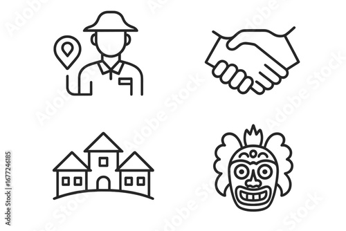 Community tourism icon set. Vector line art of a local guide, handshake, village homestay, and cultural mask. Sustainable and responsible travel for authentic local experiences.