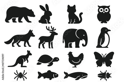 Animal icon set. Big collection of mammal, bird, insect, fish silhouettes. Vector graphic symbol for logo design. Bear, cat, deer, elephant, fox, penguin, wildlife signs.