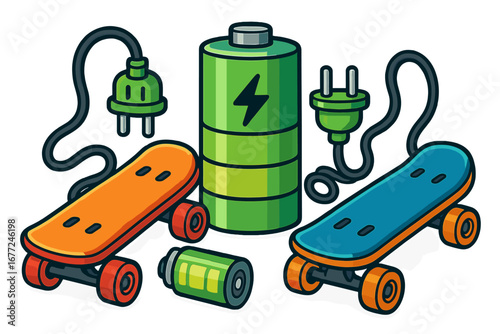 Electric skateboards charging concept. E-skate with battery and power plug. Renewable energy for urban mobility and transport. Eco friendly transportation vector illustration set.