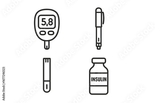 Diabetes management outline icons. Vector set for self-monitoring blood glucose with meter, test strip, insulin pen, and vial. Health care, medical treatment, glycemic control.