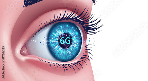 6G Network Eye Connection Vector: Futuristic Human Eye with Digital Data and High-Speed Wireless Technology Concept