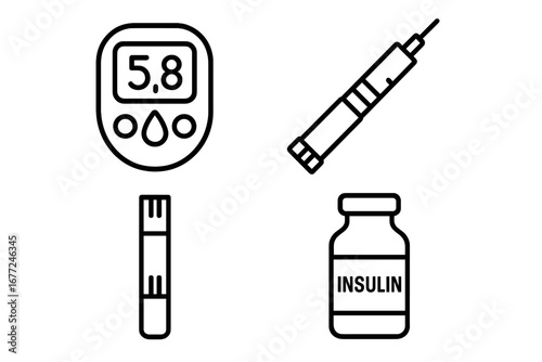 Diabetes management outline icon set. Blood glucose meter, insulin pen, test strip, and vial for self-monitoring. Healthcare and medical vector symbols for diabetic care concept.