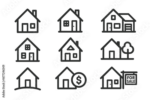 House icon set. Real estate symbol collection. Home, property, building pictogram. For sale sign, mortgage, investment concept. Simple minimalist line art vector graphic.