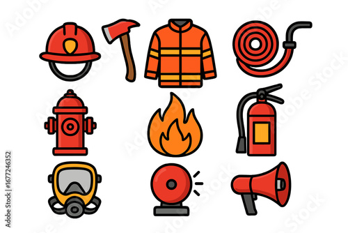 Firefighter icon set. Fire department emergency response equipment collection. Vector safety gear symbols like helmet, axe, fire hose, extinguisher, hydrant and flame icons.