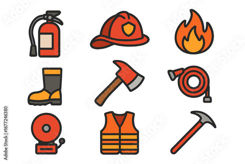 Firefighter equipment and emergency response icon set. Vector collection of firefighting tools, safety gear, and rescue symbols like helmet, axe, extinguisher, hose, and alarm.