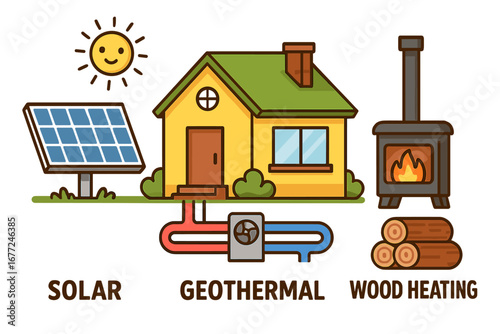 Sustainable home energy solutions. Eco-friendly house with solar panel, geothermal heat pump, and wood stove heating system. Renewable green power technology vector illustration.