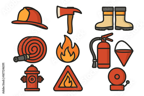 Firefighter equipment and fire safety icon set. Vector collection of emergency response symbols. Fireman helmet, axe, hose, hydrant, extinguisher and alarm cartoon icons.