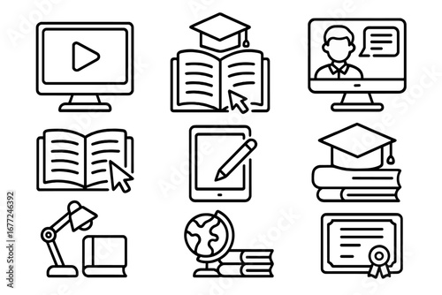 Online education and e-learning vector line icon set. Distance learning, webinar, virtual class, digital course, tutorial concepts. Graduation cap, diploma, pictogram collection.