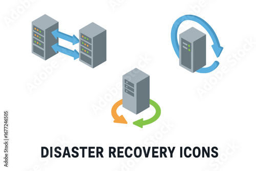 Disaster recovery isometric icons set. Data center, server replication, backup and failover concepts. Business continuity planning, data protection, redundancy vector symbols.