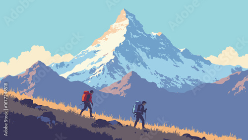 Mount Aconcagua with hikers on the trail in the Andes, Argentina