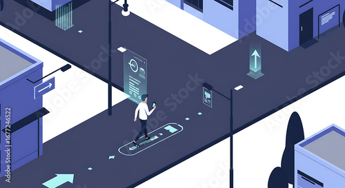 Isometric Smart City Navigation with Augmented Reality. Man Using Smartphone for GPS Guidance in Futuristic Urban Landscape. Modern Digital Technology Vector Illustration.