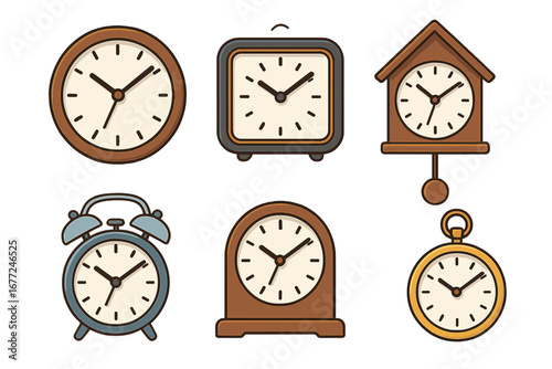Collection of various clocks. Flat vector illustration icon set. Timekeeping concept with alarm clock, wall clock, cuckoo clock, and pocket watch. Time management design.