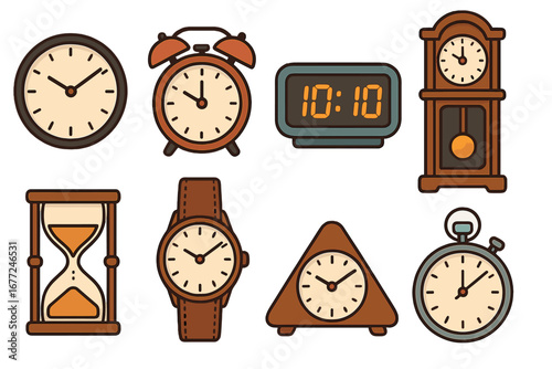 Vector set of various clock icons. Flat cartoon illustration collection of timekeeping devices: alarm clock, digital, grandfather clock, hourglass, wristwatch, stopwatch. Time concept.