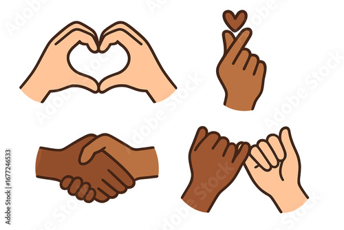 Set of diverse hand gestures symbolizing love, friendship and unity. Heart shape, Korean finger heart, handshake, and pinky promise. Multiracial connection vector cartoon icons.