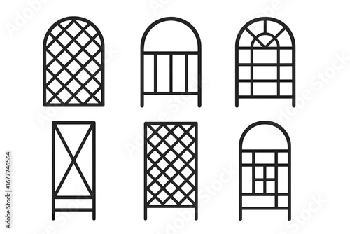 Garden trellis and arch icon set. Collection of diverse patterns for landscape design. Plant support structure for climbing plants. Vector line art illustration.