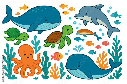 Cute cartoon sea animals vector set. Collection of diverse marine life illustrations with whale, dolphin, turtle, octopus, fish, and seaweed. Underwater aquatic wildlife.