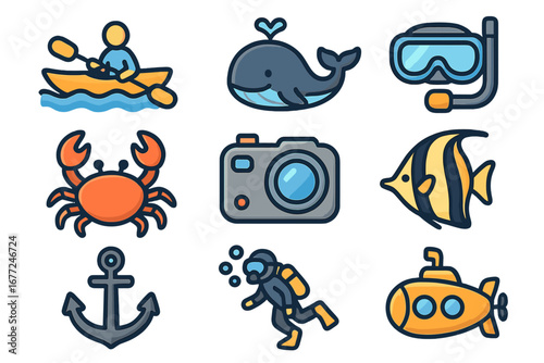 Marine life and ocean adventure icon set. Sea vacation and water sports symbols collection. Kayak, whale, scuba diver, submarine, fish, crab vector cartoon illustrations.