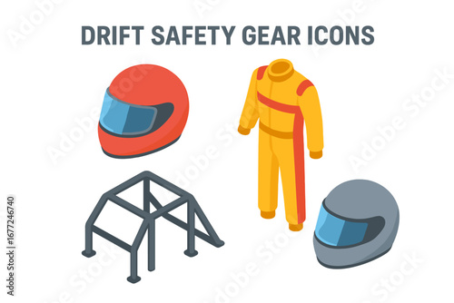 Drift safety gear icons set. Isometric vector illustration of car racing equipment. Fire-resistant suit, protective helmet and roll cage for motorsport competition.