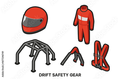 Drift racing safety gear icon set. Isometric vector illustration of motorsport equipment. Racing helmet, fireproof suit, roll cage and harness for car drifting competition.