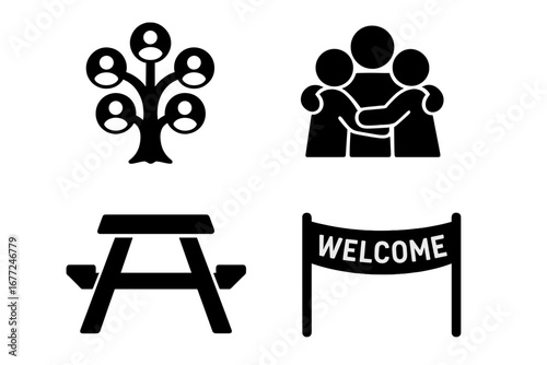 Family reunion solid icon set. Vector glyphs for celebration, gathering, and community events. Includes family tree for genealogy, group hug, picnic table, and a welcome banner.