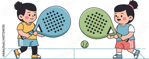 Kids having fun playing padel tennis together in friendly match cartoon illustration on white, cute and dynamic