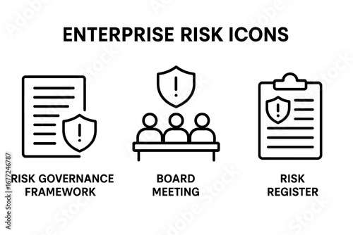 Enterprise risk management outline icon set. ERM concepts including risk governance framework, board meeting, and risk register. Corporate compliance vector icons for business.