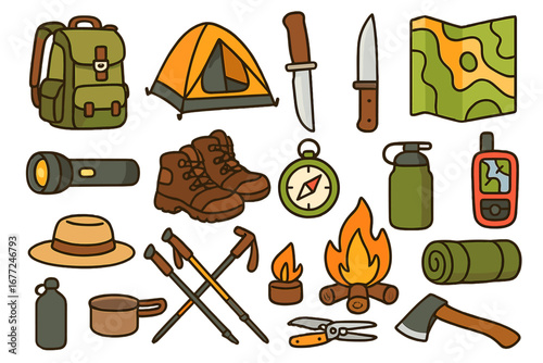 Set of camping, hiking and survival equipment. Outdoor adventure, wilderness exploration gear. Vector cartoon illustration icons. Backpack, tent, compass, map, boots, axe.