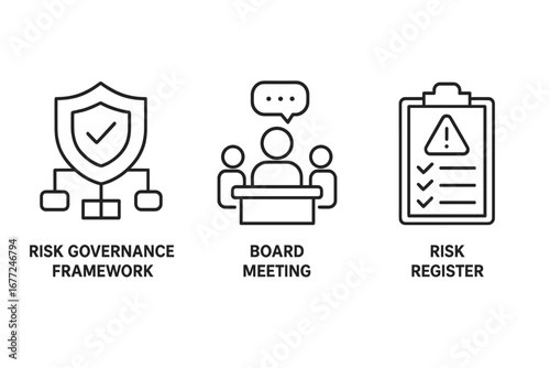 Enterprise Risk Management outline icon set. Vector icons for risk governance framework, board meeting, compliance, and risk register. Business strategy and assessment concept.
