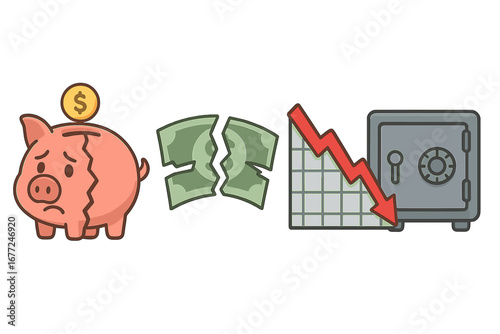 Financial crisis icon set. Broken piggy bank, torn money, recession graph, safe. Economic collapse, debt, poverty, bankruptcy concept. Vector cartoon illustration collection.