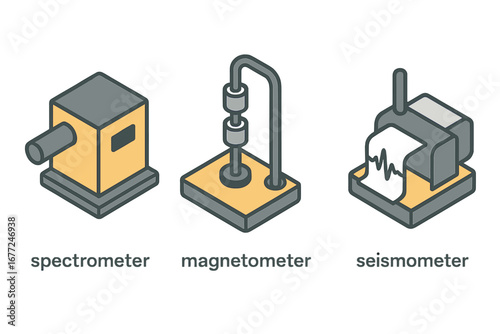 Scientific instruments isometric icons set. Spectrometer, magnetometer, seismometer. Physics research laboratory equipment. Geology and geophysics measurement vector concept.