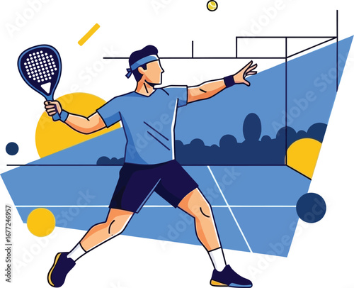 Dynamic paddle tennis player hitting ball on court in modern athletic style illustration for sports marketing
