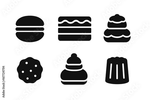French pastry solid icon set. Vector glyphs of classic patisserie desserts like macaron, mille-feuille, tartelette, chouquette, religieuse, and canelé for bakery menu.