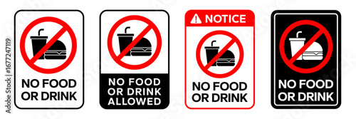 No food or drink allowed sign. No eating or drinking sign. No outside food or drink allowed logo, label, badge, sticker, symbol, stamp, banner, circle, black, line, flat vector, isolated illustration.
