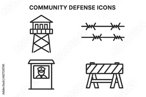 Community defense outline icon set. Security and protection symbols. Watchtower, barbed wire fence, guard post, checkpoint barricade. Border, prison and military concept.
